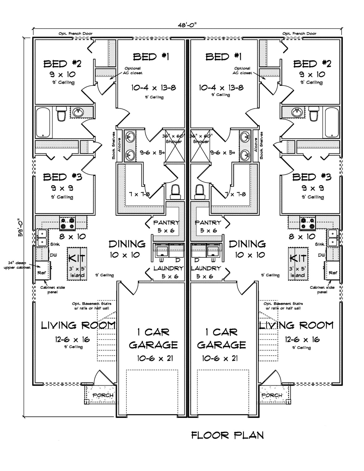 J7259-E Riverstone Duplex Floor Plan House 3 Bed 2 Bath Each Unit