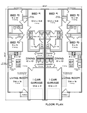 J7259-E Riverstone Duplex Floor Plan House 3 Bed 2 Bath Each Unit