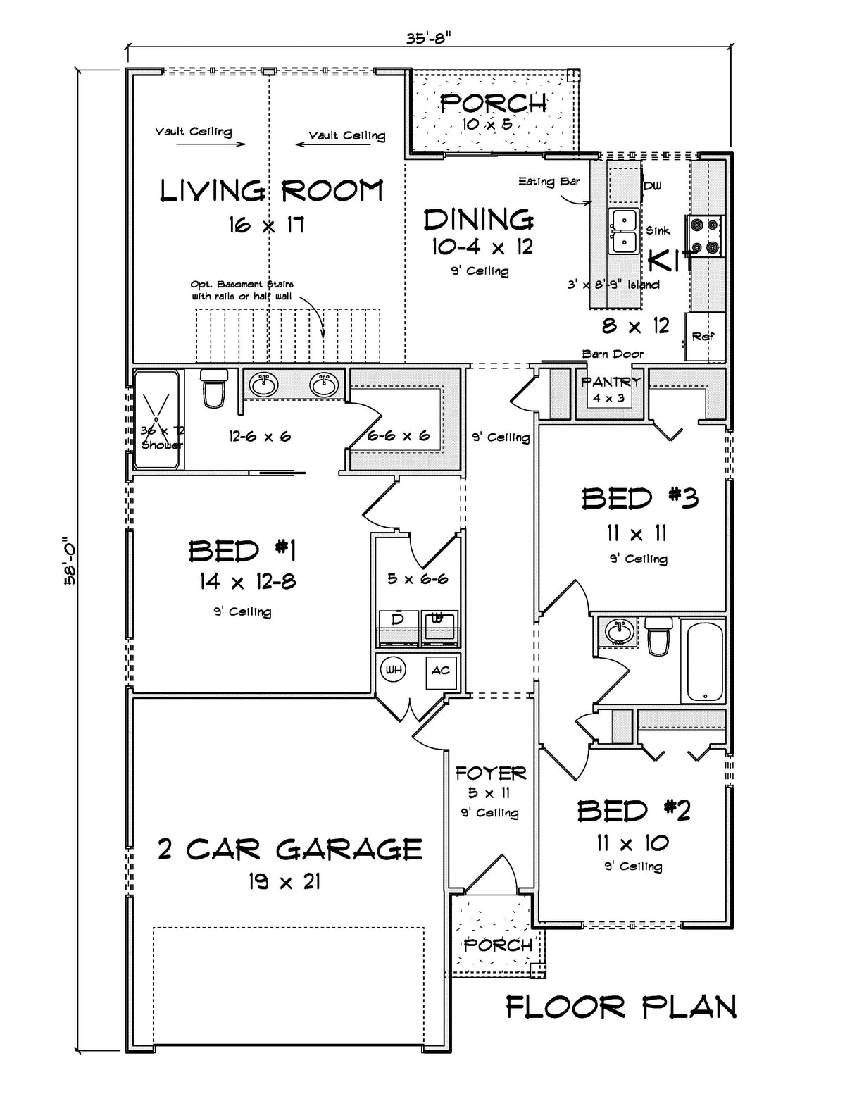 J7261-E Highland Park House First Floor Plan 3 Beds 2 Baths