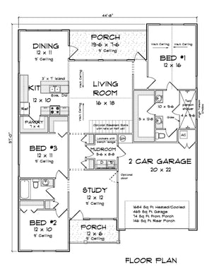 J7403-E 24595 House First 
Floor Plan 3 Beds 2 Baths