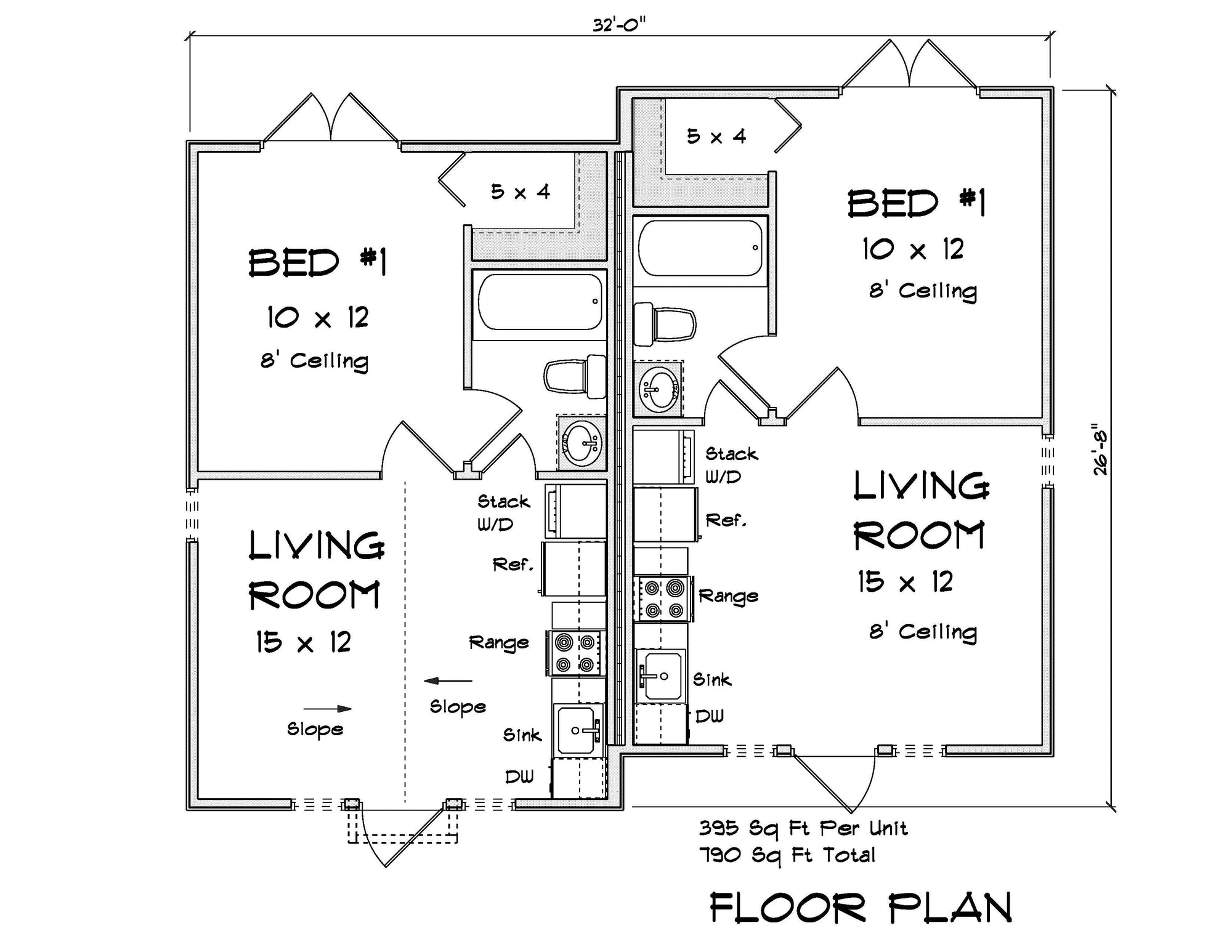 J7542-E Duplex House First Floor Plan, 2 Bedrooms, 2 Bathrooms | Plan 24612 