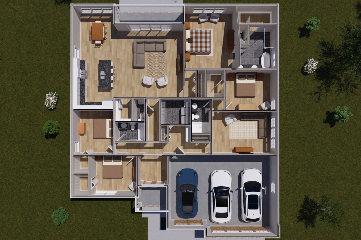 J7559-E Cottage House 3D First Floor, 4 Bedrooms, 3.5 Bathrooms | Plan 24616