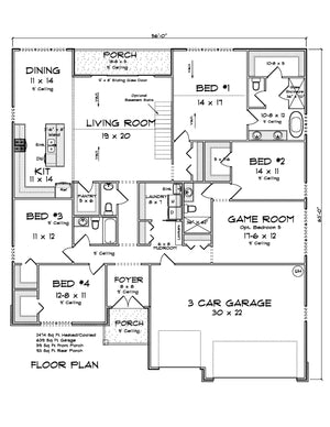 J7559-E Cottage House First Floor Plan, 4 Bedrooms, 3.5 Bathrooms | Plan 24616