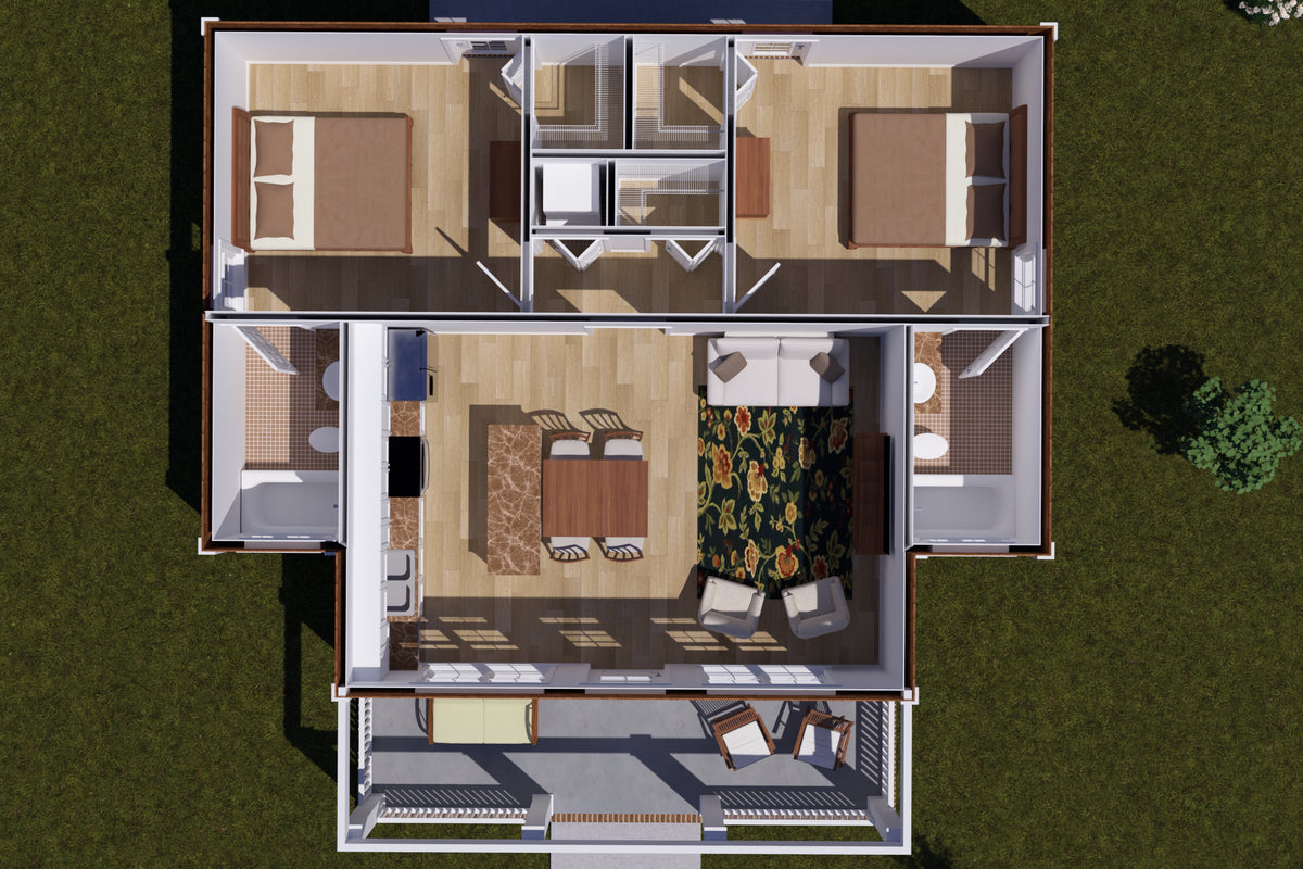 J7562-E Cottage House 3D First Floor, 2 Bedrooms, 2 Bathrooms | Plan 24618 