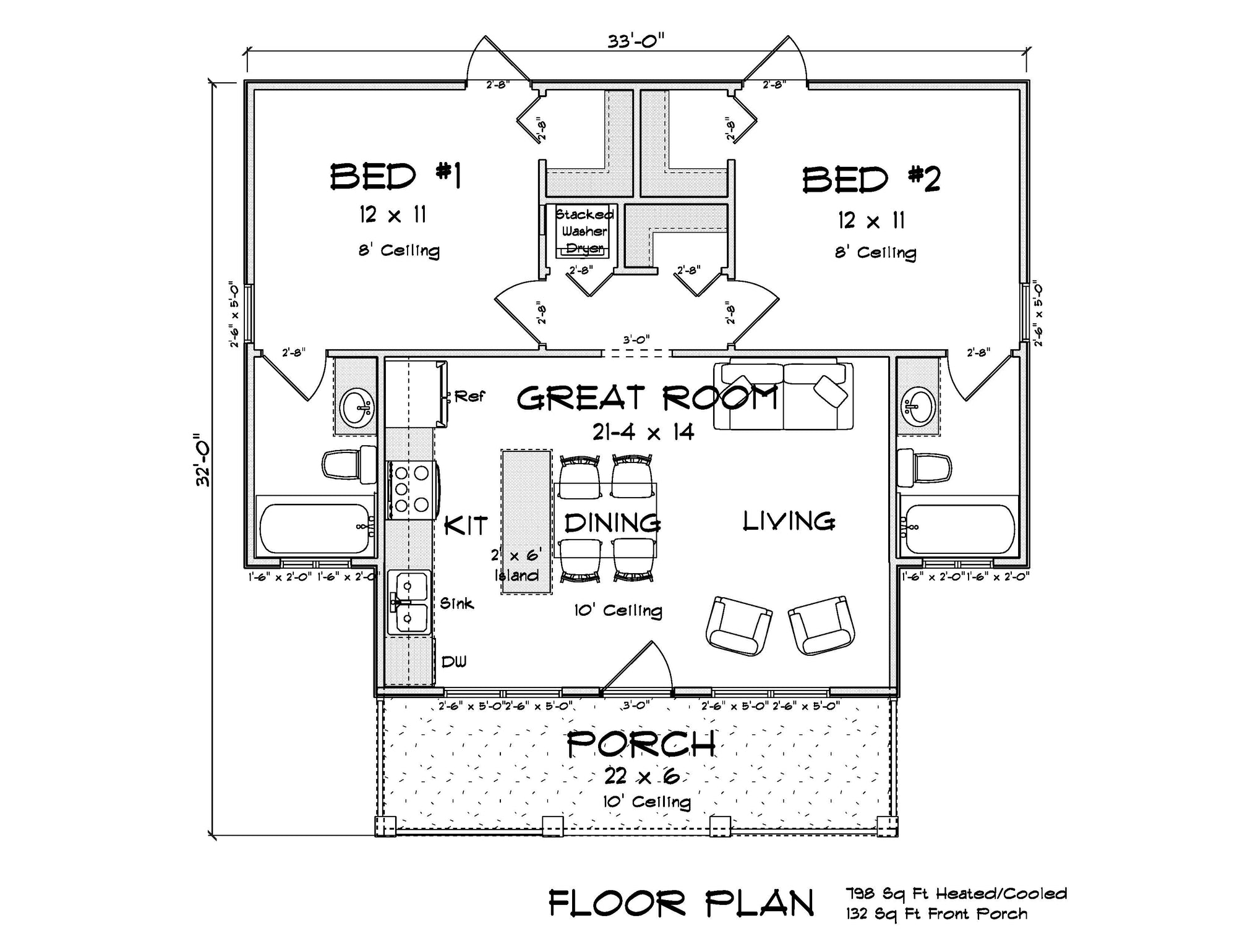 J7562-E Cottage House First Floor Plan, 2 Bedrooms, 2 Bathrooms | Plan 24618 