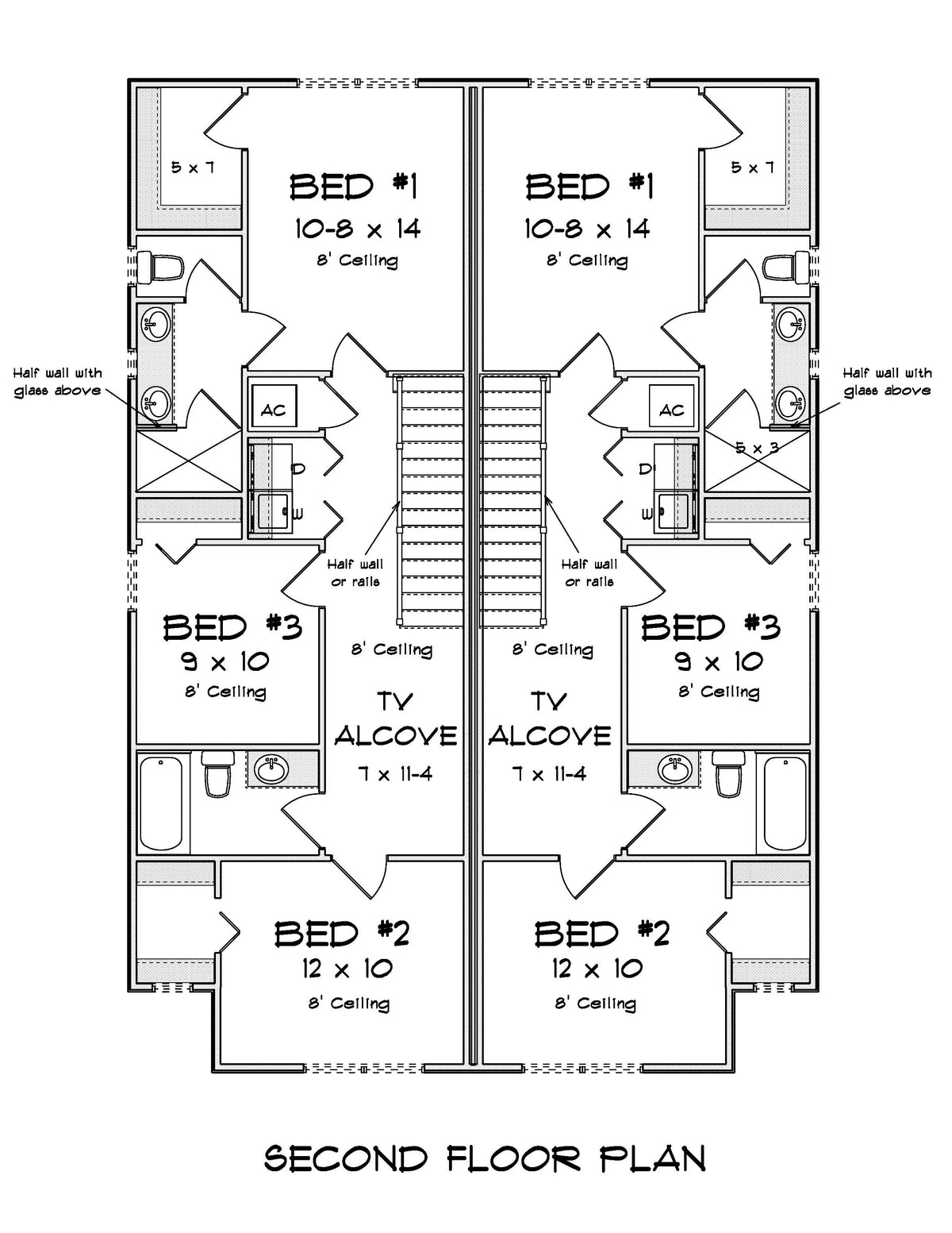 J7564-E Traditional Duplex House Second Floor Plan, 8 Bedrooms, 6 Bathrooms | Plan 24620 