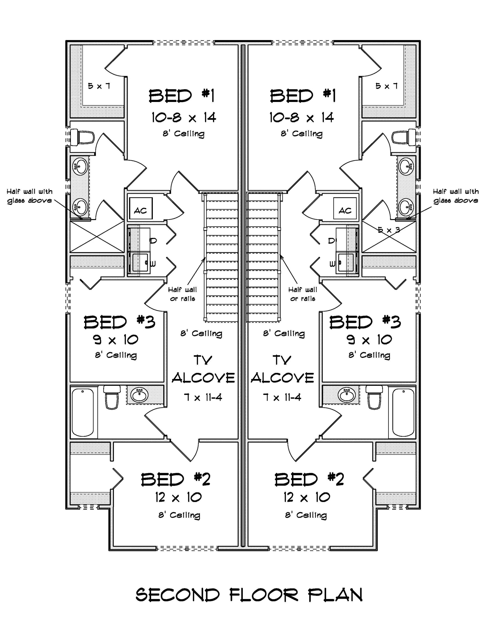 J7564-E Traditional Duplex House Second Floor Plan, 8 Bedrooms, 6 Bathrooms | Plan 24620 