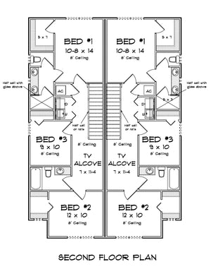 J7564-E Traditional Duplex House Second Floor Plan, 8 Bedrooms, 6 Bathrooms | Plan 24620 