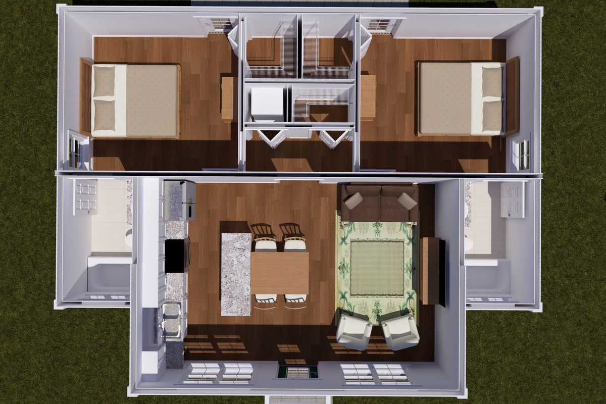 J7734-E Cottage House 3D First Floor, 2 Bedrooms, 2 Bathrooms | Plan 24621