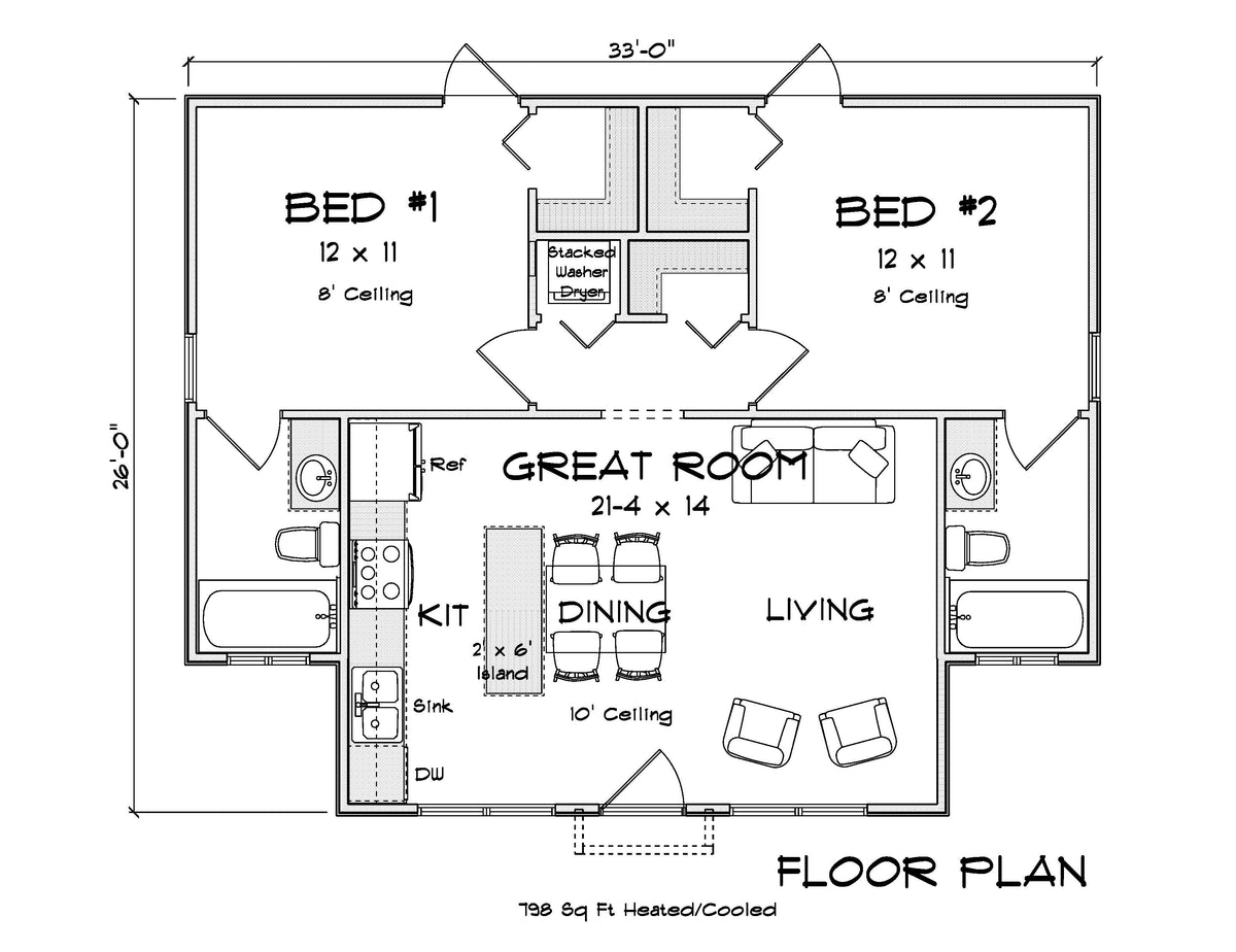 J7734-E Cottage House First Floor Plan, 2 Bedrooms, 2 Bathrooms | Plan 24621