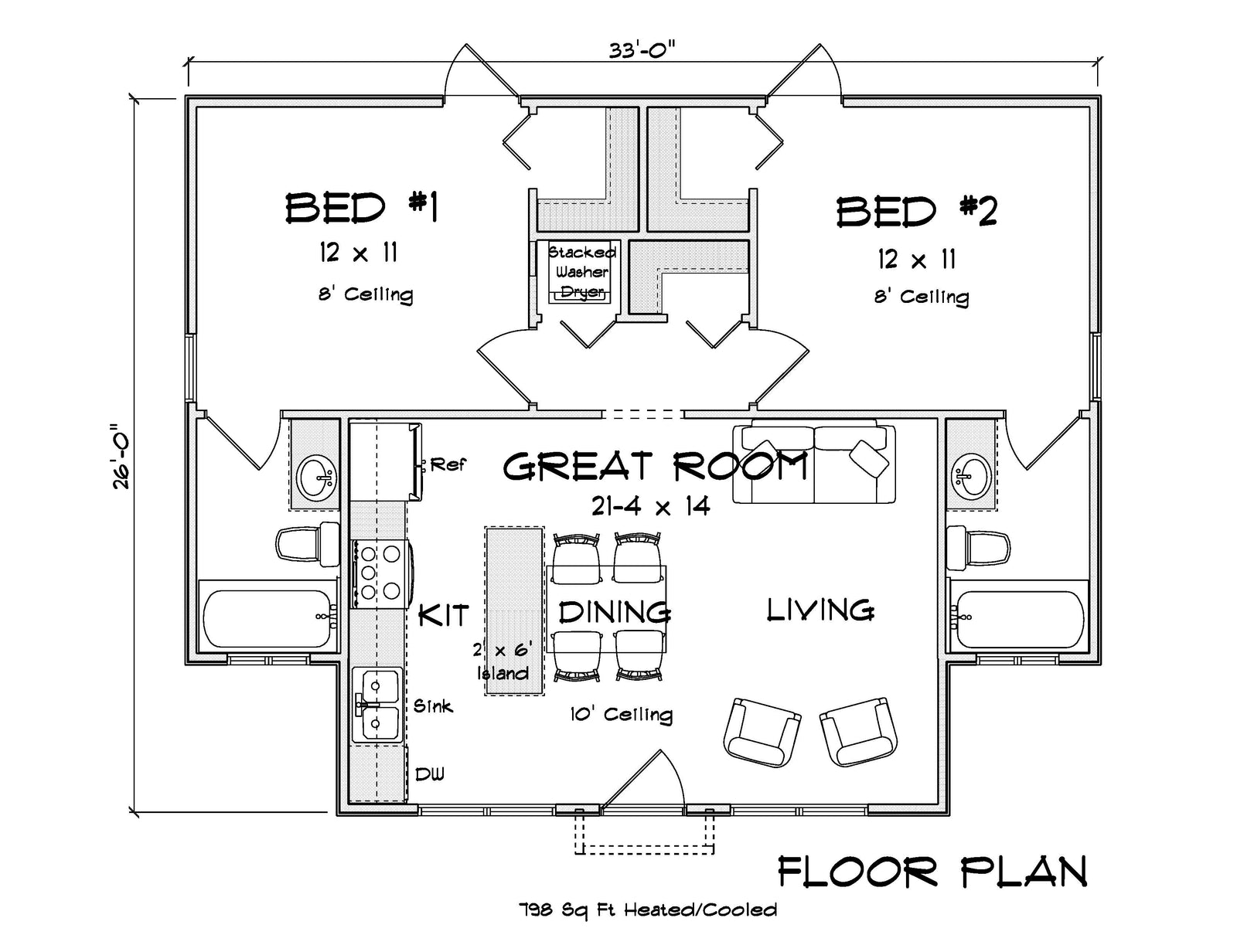 J7734-E Cottage House, 2 Bedrooms, 2 Bathrooms | Plan 24621 Exterior