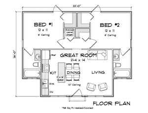 J7734-E Cottage House First Floor Plan, 2 Bedrooms, 2 Bathrooms | Plan 24621