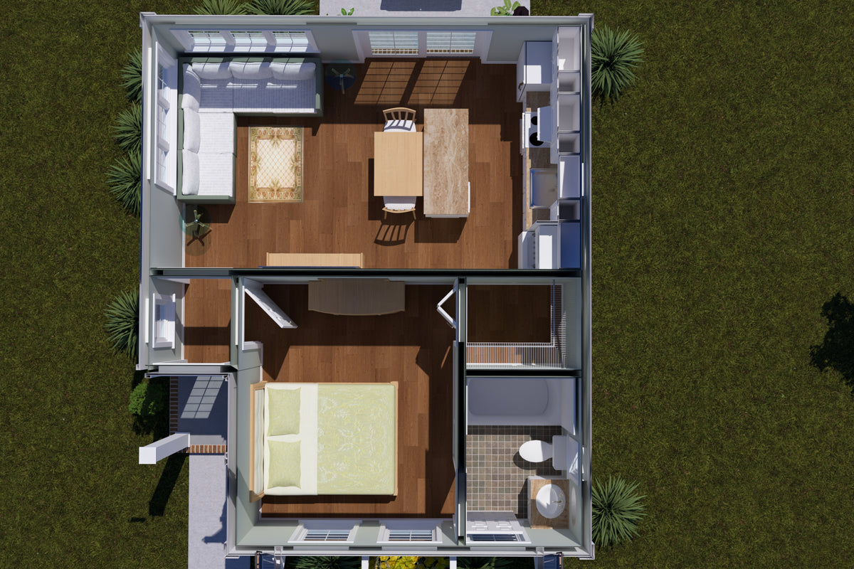 J7737-E Cottage House 3D First Floor, 1 Bedroom, 1 Bathroom | Plan 24624 