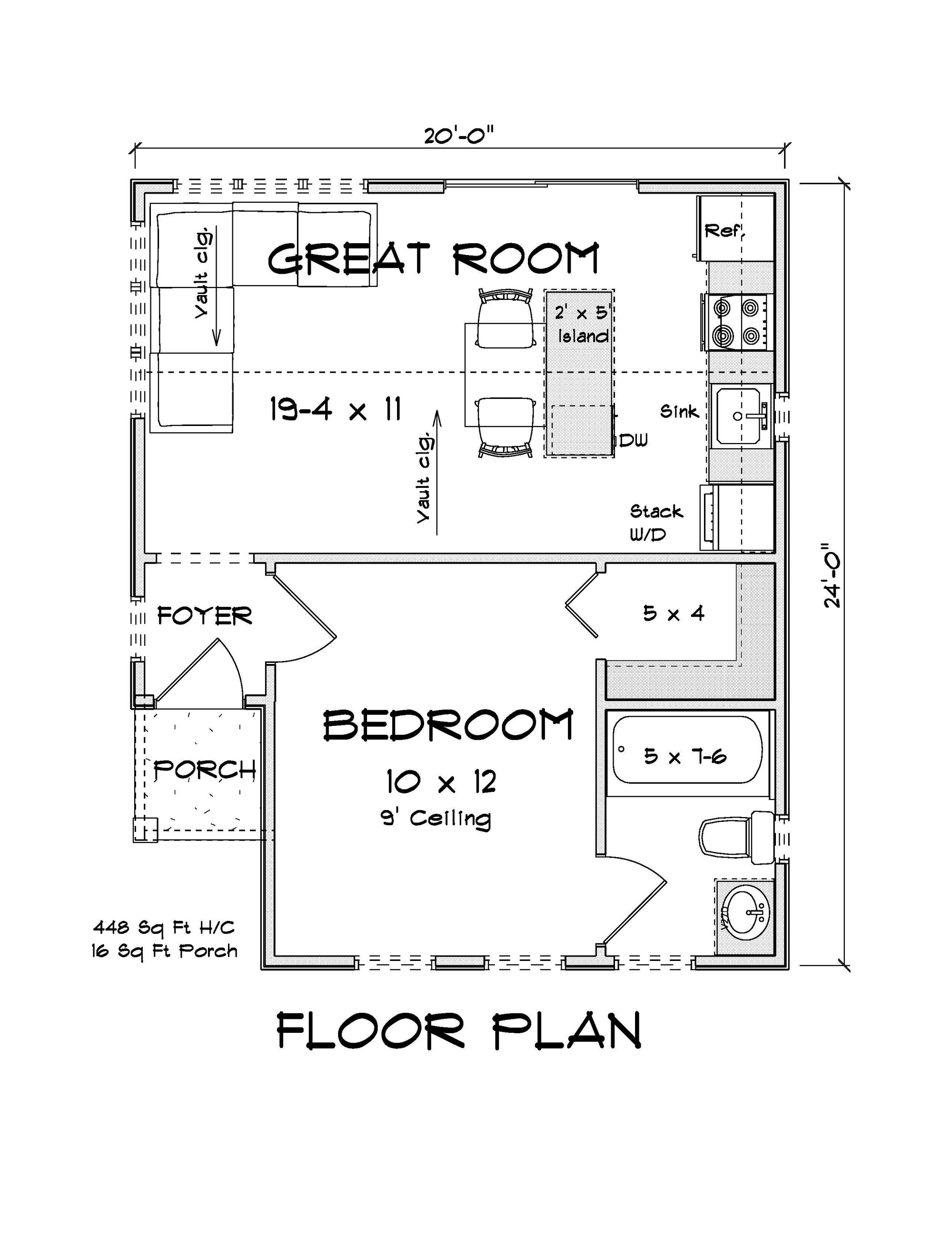 J7737-E Cottage House First Floor Plan, 1 Bedroom, 1 Bathroom | Plan 24624 