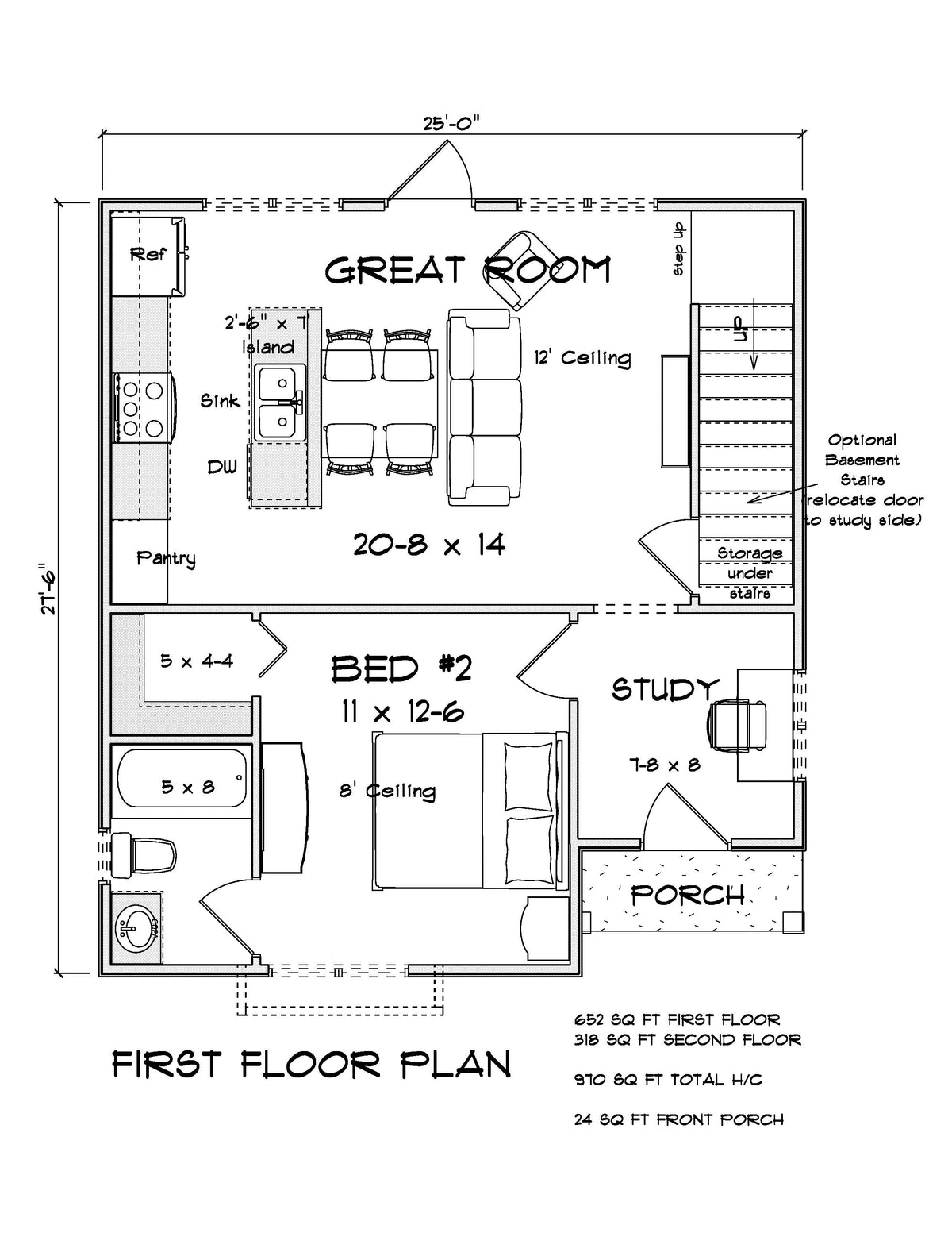 J7738-E Craftsman House First Floor Plan, 2 Bedrooms, 2 Bathrooms | Plan 24625 