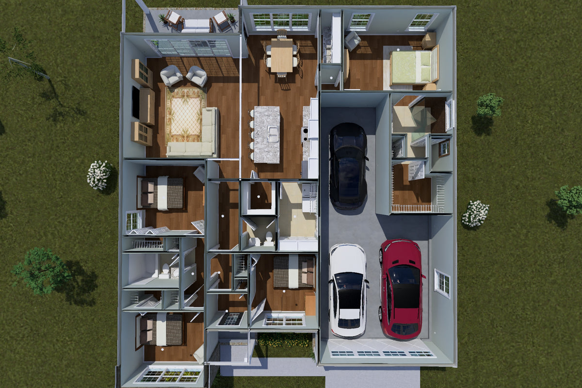 J7742-E Cottage House 3D First Floor, 4 Bedrooms, 2.5 Bathrooms | Plan 24629 