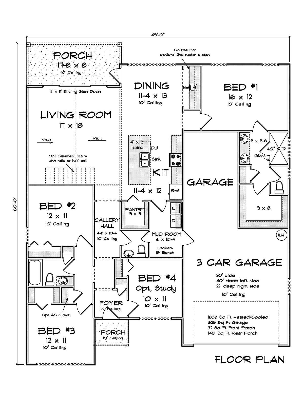 J7742-E Cottage House First Floor Plan, 4 Bedrooms, 2.5 Bathrooms | Plan 24629 
