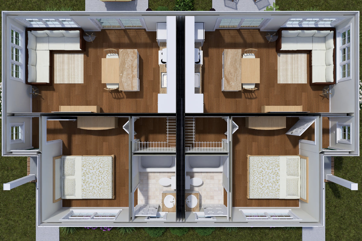 J7743-E Duplex House 3D First Floor, 1 Bedroom, 1 Bathroom (each unit) | Plan 24630 