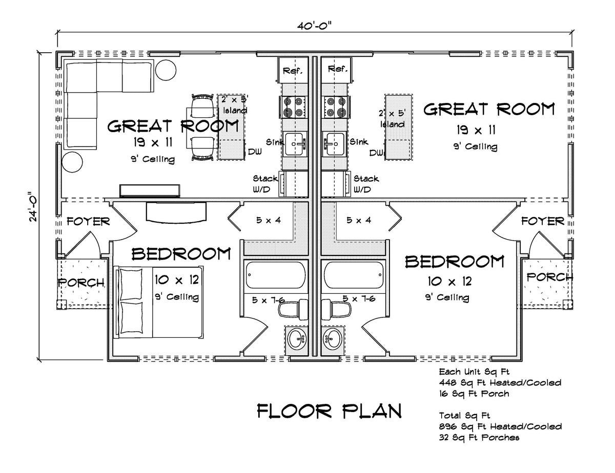 J7743-E Duplex House First Floor Plan, 1 Bedroom, 1 Bathroom (each unit) | Plan 24630 