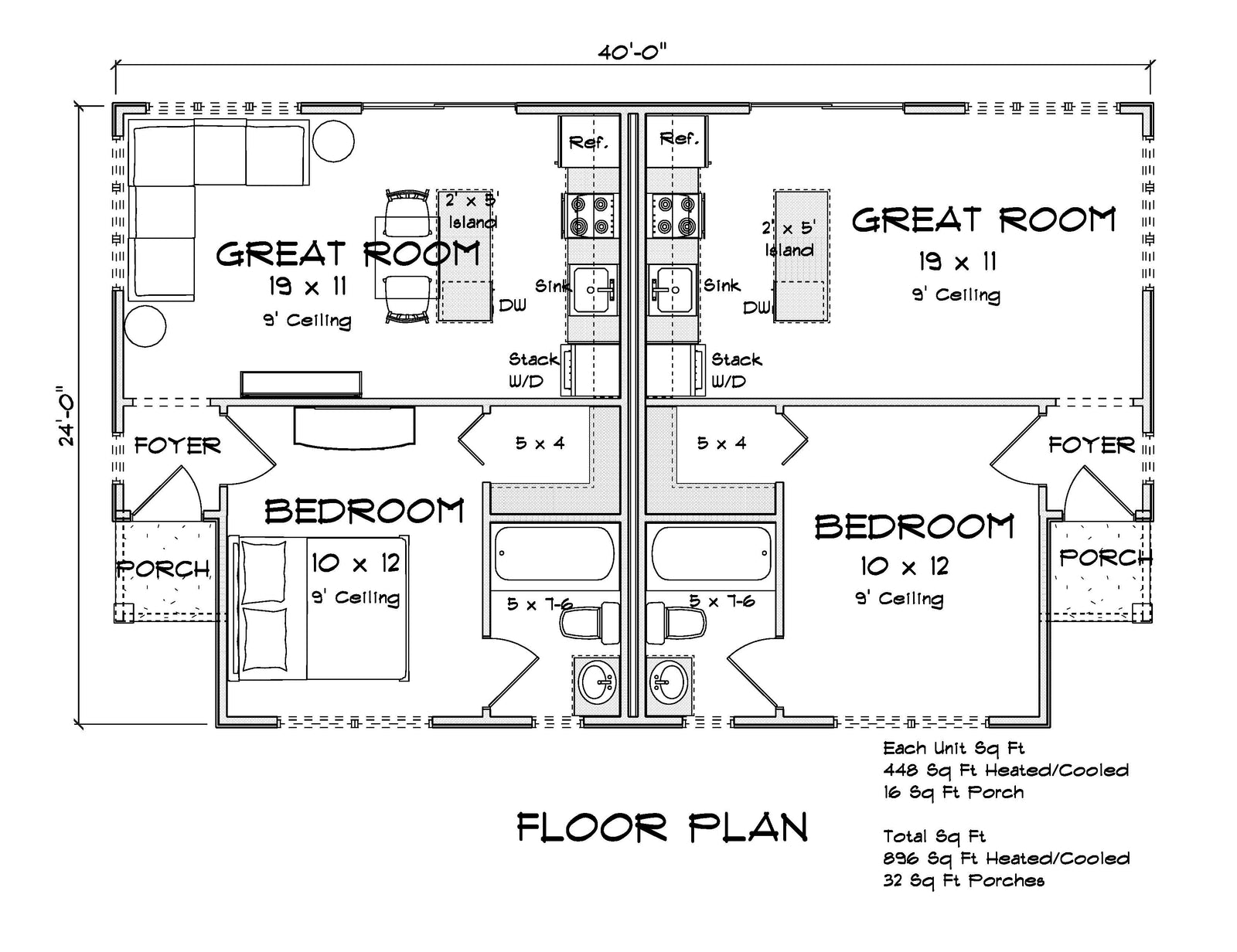 J7743-E Duplex House, 1 Bedroom, 1 Bathroom (each unit) | Plan 24630 Exterior