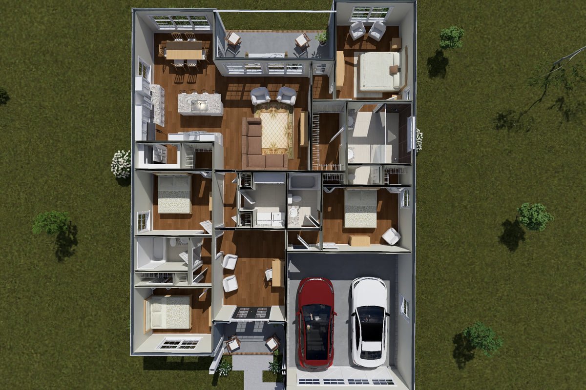 J7857-E Cottage House 3D Floor Plan, 4 Bedrooms, 3 Bathrooms | Silvermist 24631 Exterior-