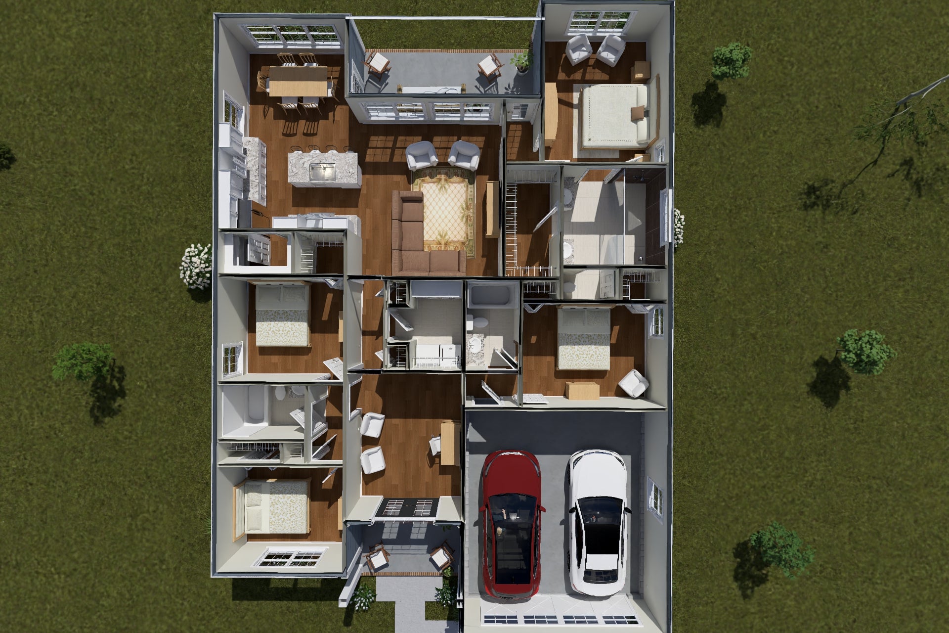 J7857-E Cottage House 3D Floor Plan, 4 Bedrooms, 3 Bathrooms | Silvermist 24631 Exterior-
