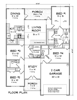 J7857-E Cottage House First Floor Plan, 4 Bedrooms, 3 Bathrooms | Silvermist 24631 