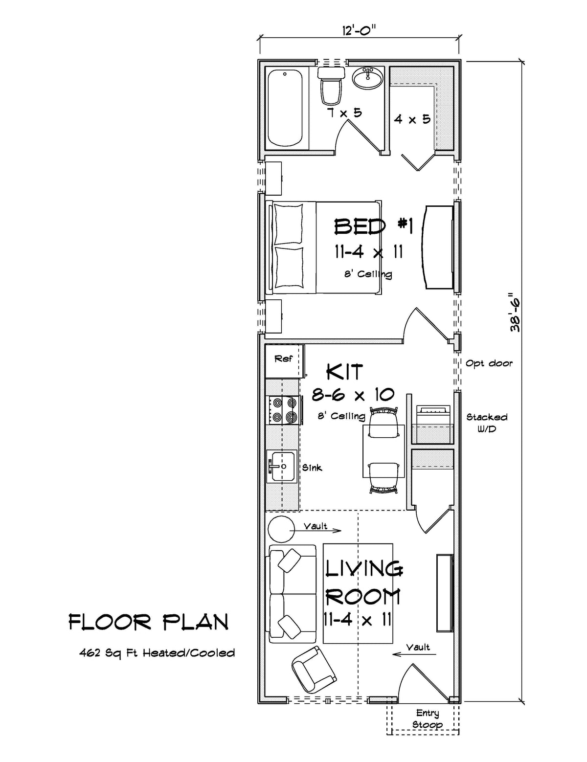 J7859-E Cottage House First Floor Plan, 1 Bedroom, 1 Bathroom | Oakridge Falls 