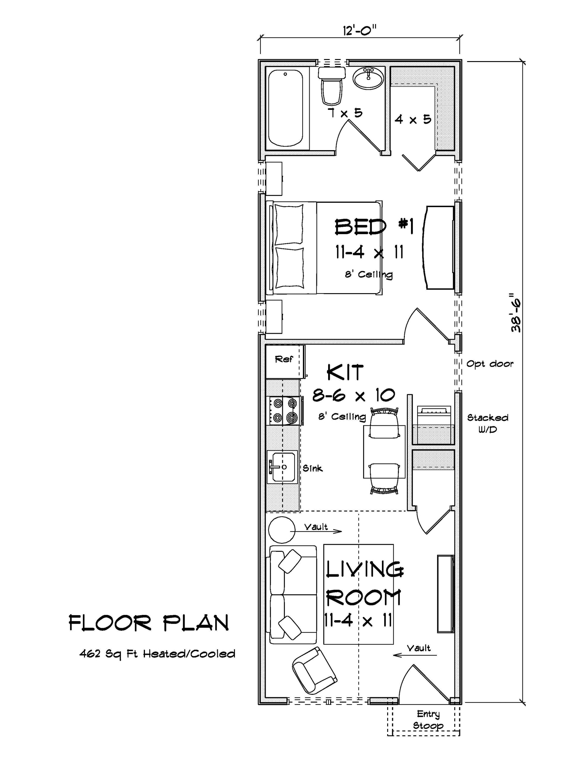 J7859-E Cottage House First Floor Plan, 1 Bedroom, 1 Bathroom | Oakridge Falls 