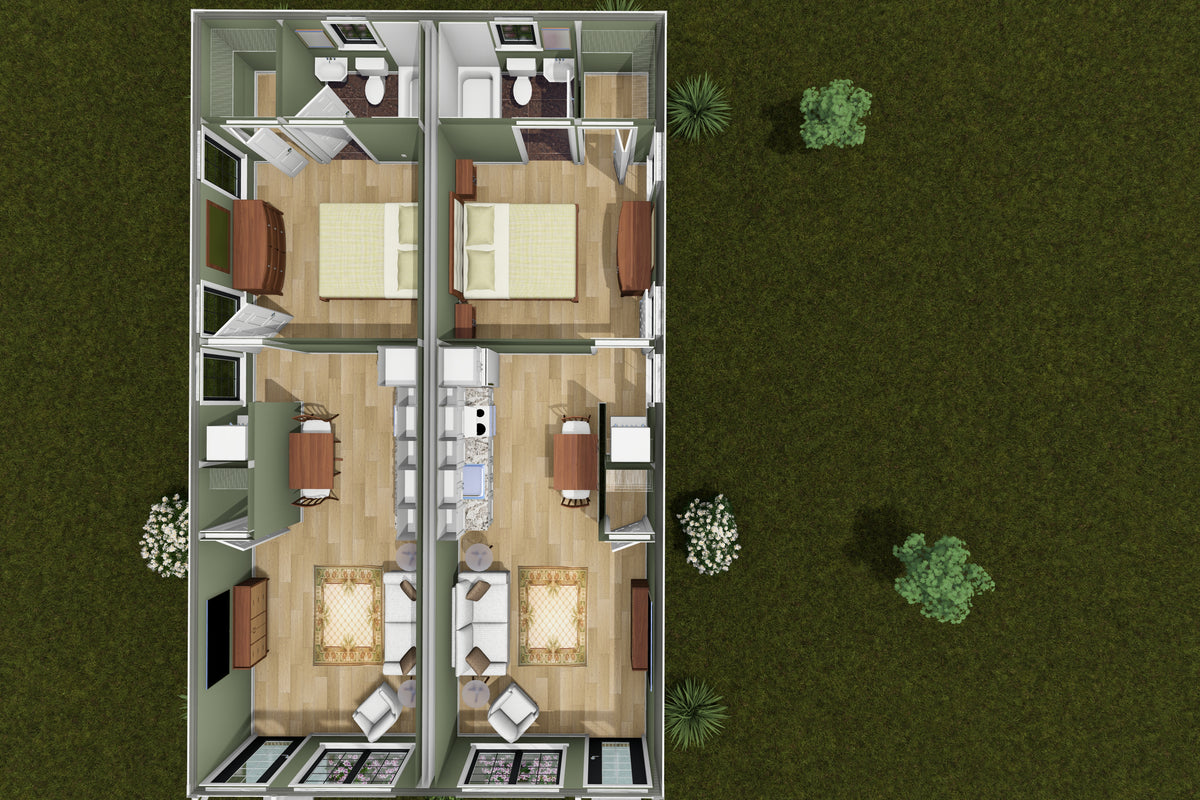 J7860-E Cottage Duplex House 3D Floor Plan, 1 Bedroom, 1 Bathroom | Meadowlawn 