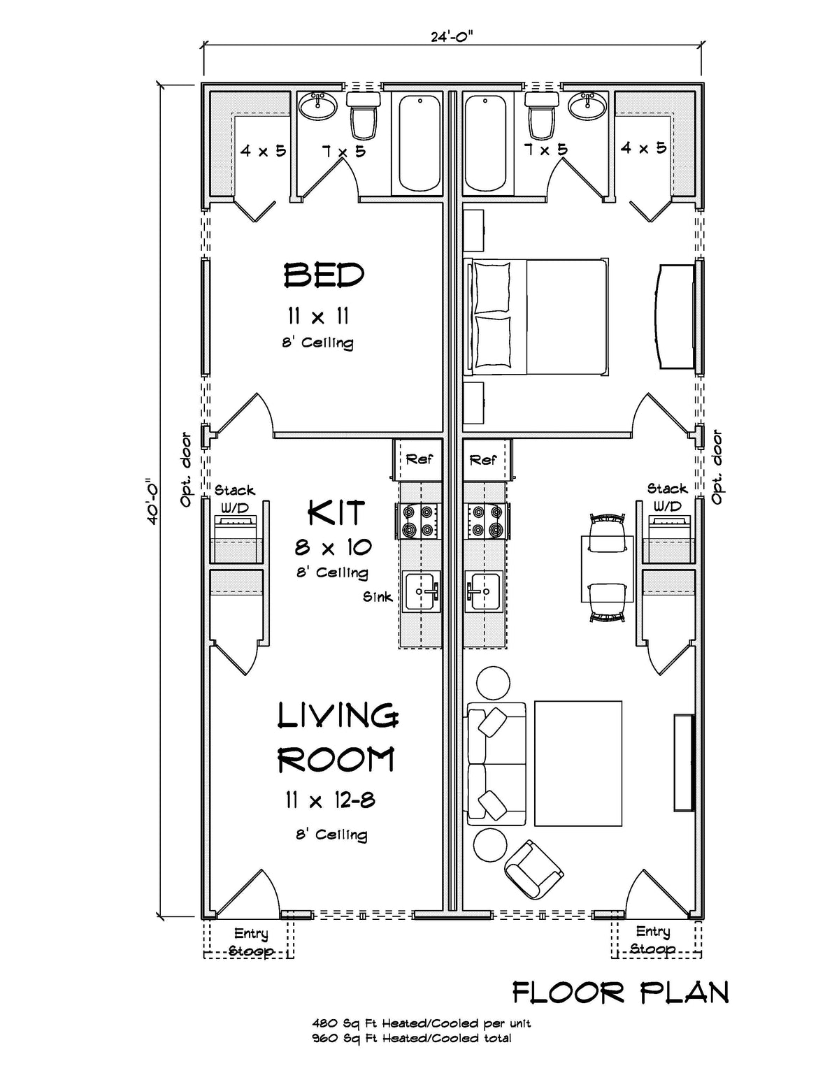 J7860-E Cottage Duplex House First Floor Plan, 1 Bedroom, 1 Bathroom | Meadowlawn 