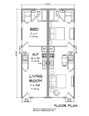 J7860-E Cottage Duplex House First Floor Plan, 1 Bedroom, 1 Bathroom | Meadowlawn 