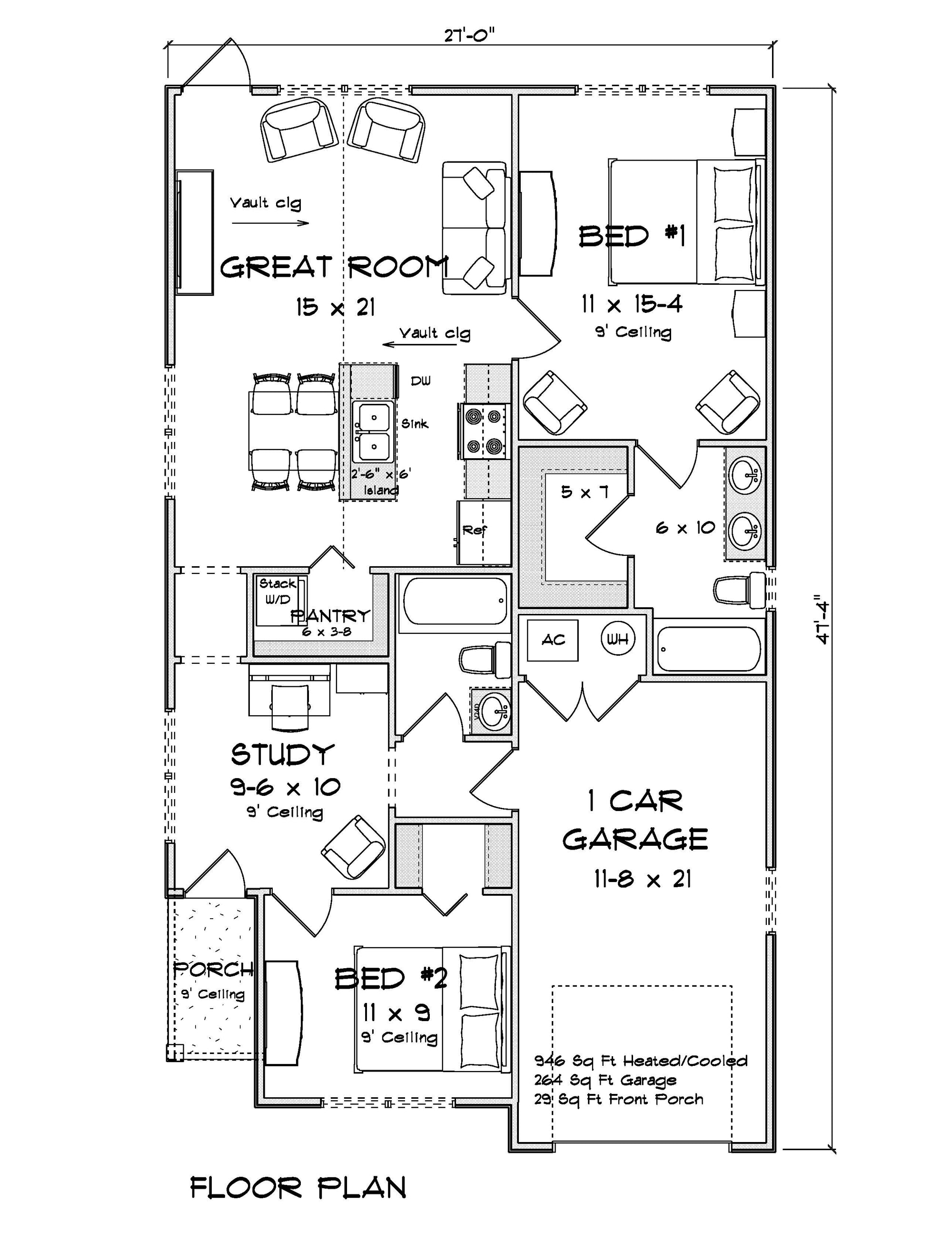 J7862-E Cottage House First Floor Plan, 2 Bedrooms, 2 Bathrooms | Granite Hollow 24636 