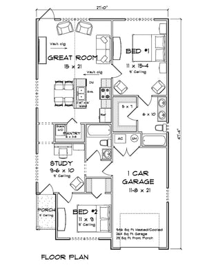 J7862-E Cottage House First Floor Plan, 2 Bedrooms, 2 Bathrooms | Granite Hollow 24636 