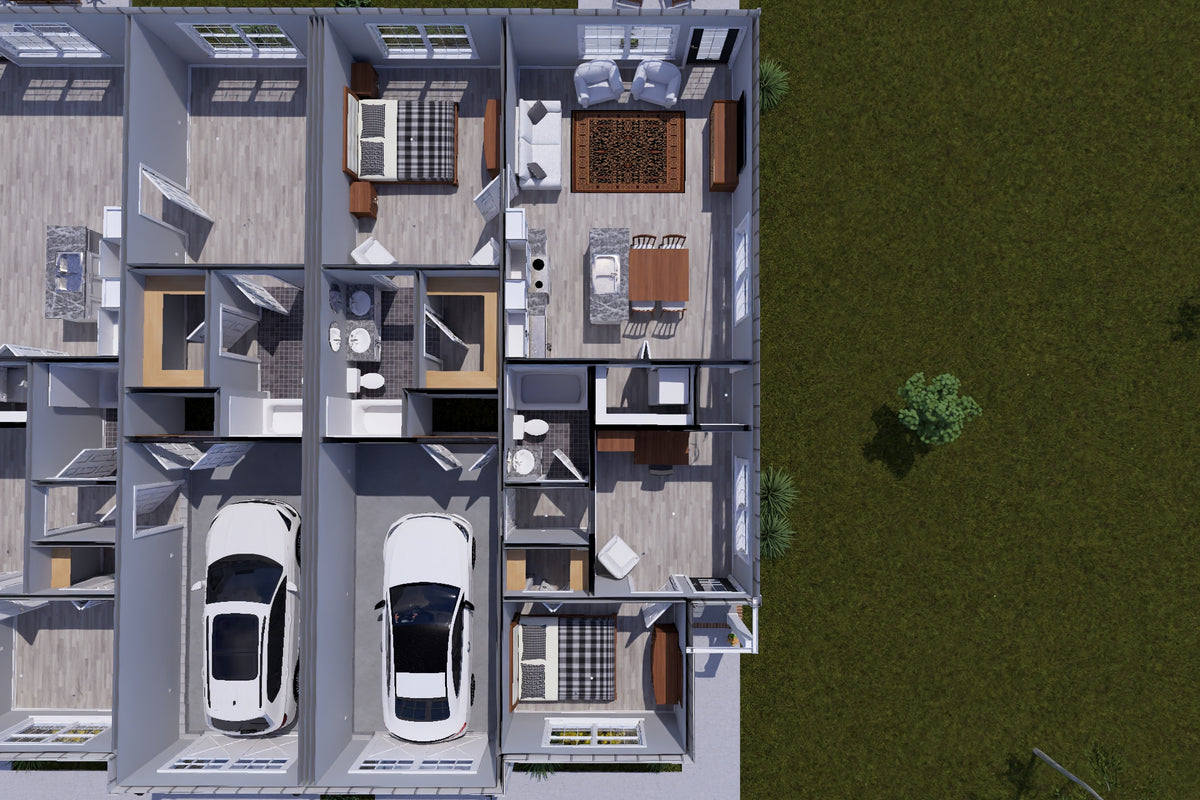 J7863-E Cottage Duplex House 3D First Floor, 2 Bedrooms, 2 Bathrooms per unit | Aldercrest 24637 