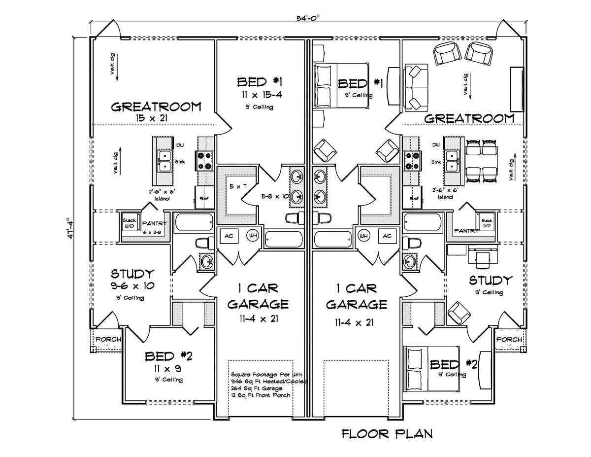 J7863-E Cottage Duplex House First Floor Plan, 2 Bedrooms, 2 Bathrooms per unit | Aldercrest 24637 