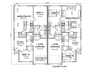 J7863-E Cottage Duplex House First Floor Plan, 2 Bedrooms, 2 Bathrooms per unit | Aldercrest 24637 
