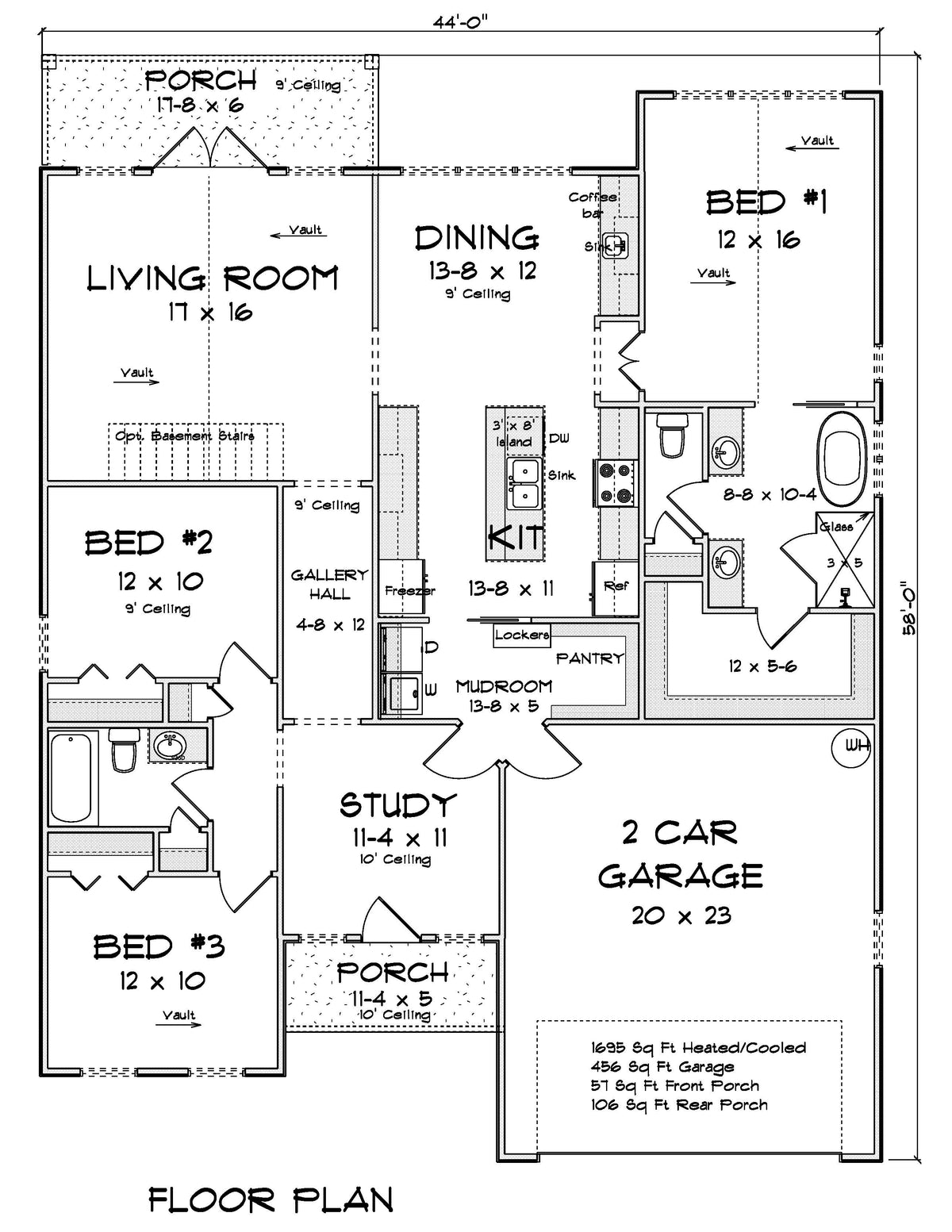 J7866-E Contemporary House First Floor Plan, 3 Bedrooms, 2 Bathrooms | Seaview Ridge 24640 