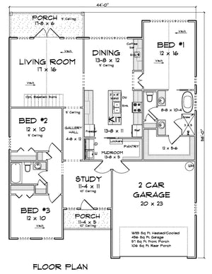 J7866-E Contemporary House First Floor Plan, 3 Bedrooms, 2 Bathrooms | Seaview Ridge 24640 