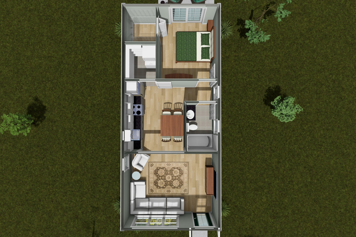 J7922-E Cottage House 3D Floor Plan, 1 Bedroom, 1 Bathroom | Plan 24641 