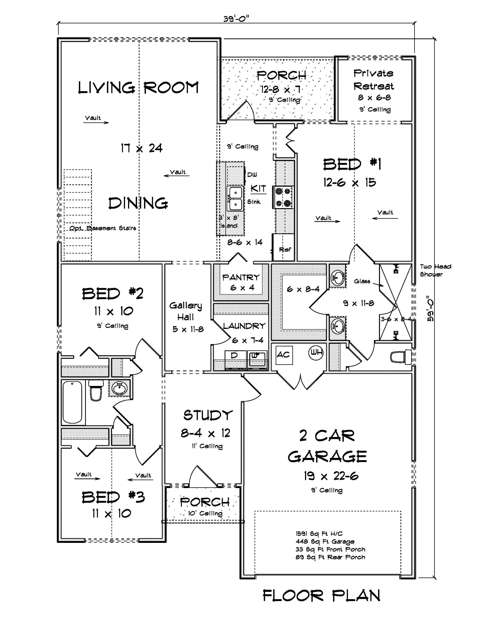 J7925-E Cottage House First Floor Plan, 3 Bedrooms, 2 Bathrooms | Plan 24644 