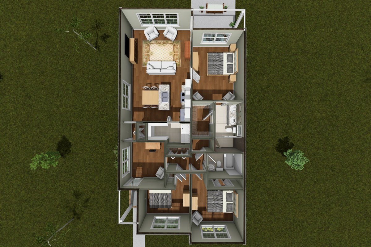 J7926-E Cottage House 3D First Floor, 3 Bedrooms, 2 Bathrooms | Plan 24645 