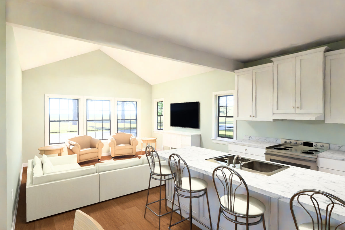 J7929-E Cottage House Living and Kitchen, 2 Bedrooms, 2 Bathrooms | Plan 24648