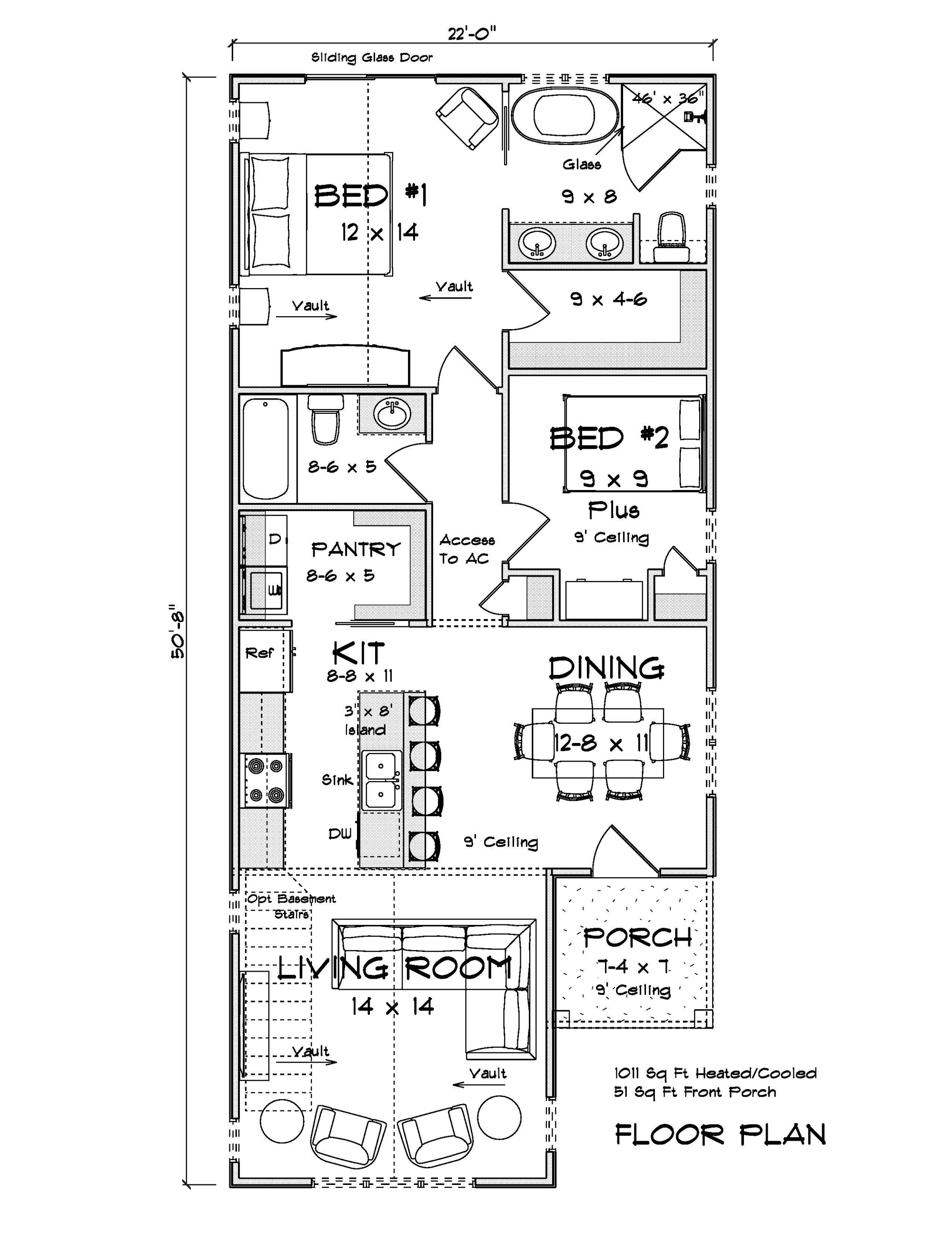 J7929-E Cottage House First Floor Plan, 2 Bedrooms, 2 Bathrooms | Plan 24648