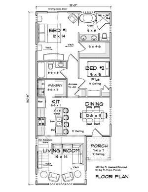 J7929-E Cottage House First Floor Plan, 2 Bedrooms, 2 Bathrooms | Plan 24648