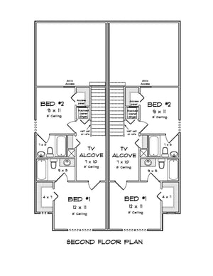 J7930-E Traditional Duplex House Second Floor Plan, 6 Bedrooms, 6 Bathrooms | Plan 24649 