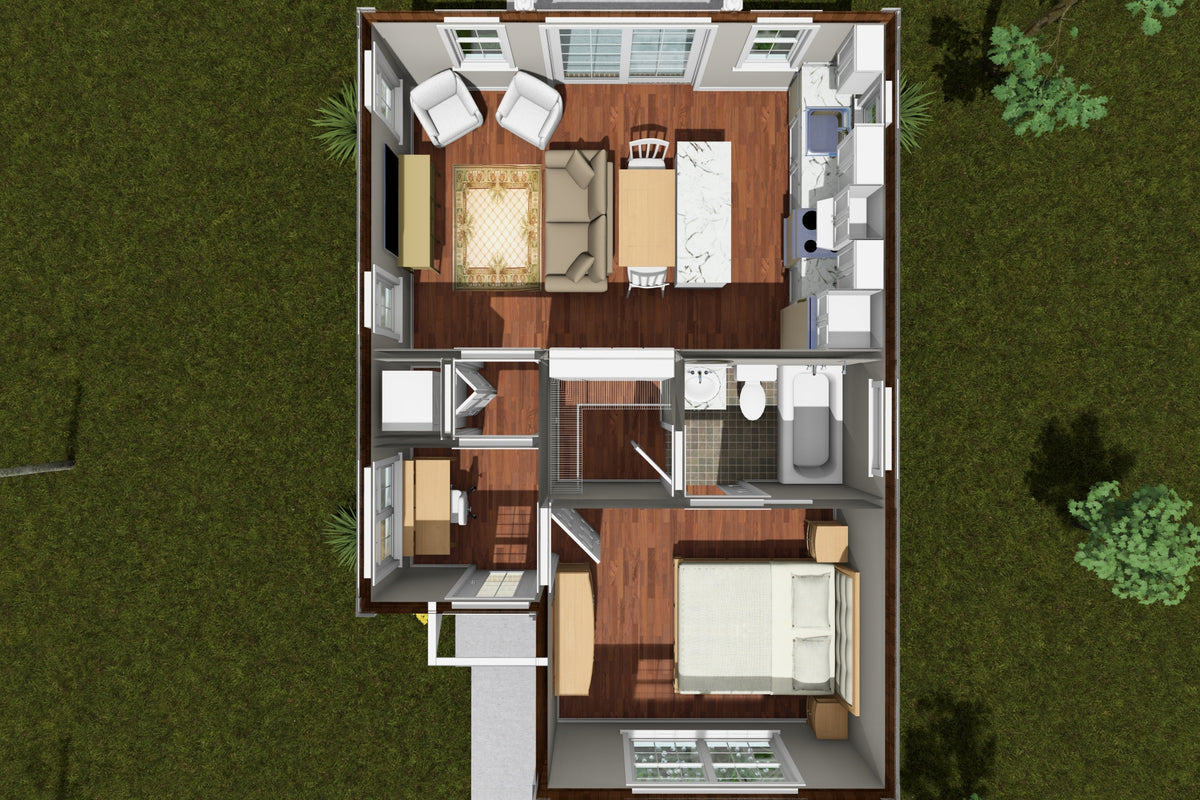 J7931-E Cottage House 3D First Floor, 1 Bedroom, 1 Bathroom | Plan 24650 
