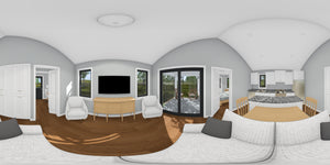 J8125-E Cottage House, 2 Bedrooms, 2 Bathrooms | Driftwood Harbor House Plan Living Panorama