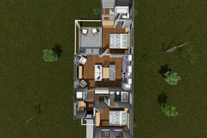 J8125-E Cottage House 3D First Floor, 2 Bedrooms, 2 Bathrooms | Driftwood Harbor House Plan 