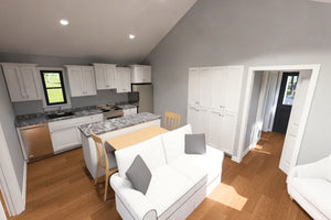 J8125-E Cottage House Living and Kitchen Area, 2 Bedrooms, 2 Bathrooms | Driftwood Harbor House Plan 